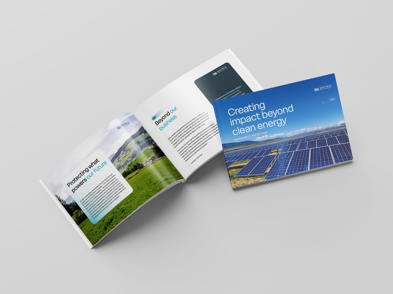 Matrix Renewables sustainability report: cover and an inside spread.