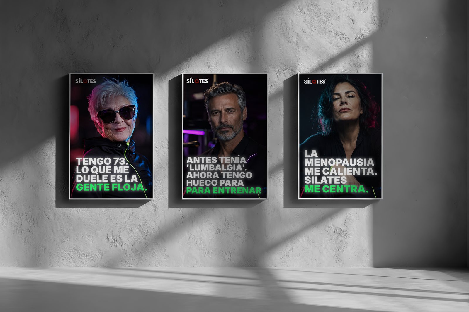 Three Sílates campaign posters mounted on a concrete wall.