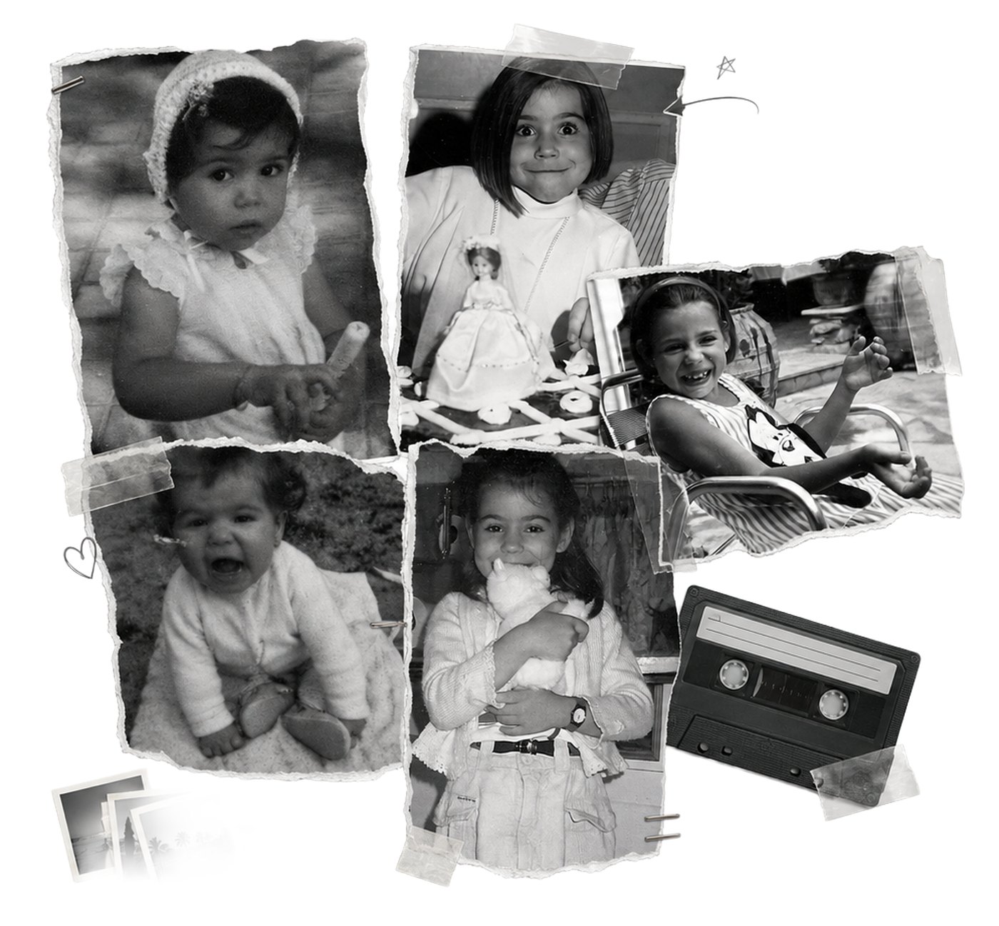 Black and white collage with childhood photographs of Sandra in the eighties, a cassette tape and everyday objects of the period.