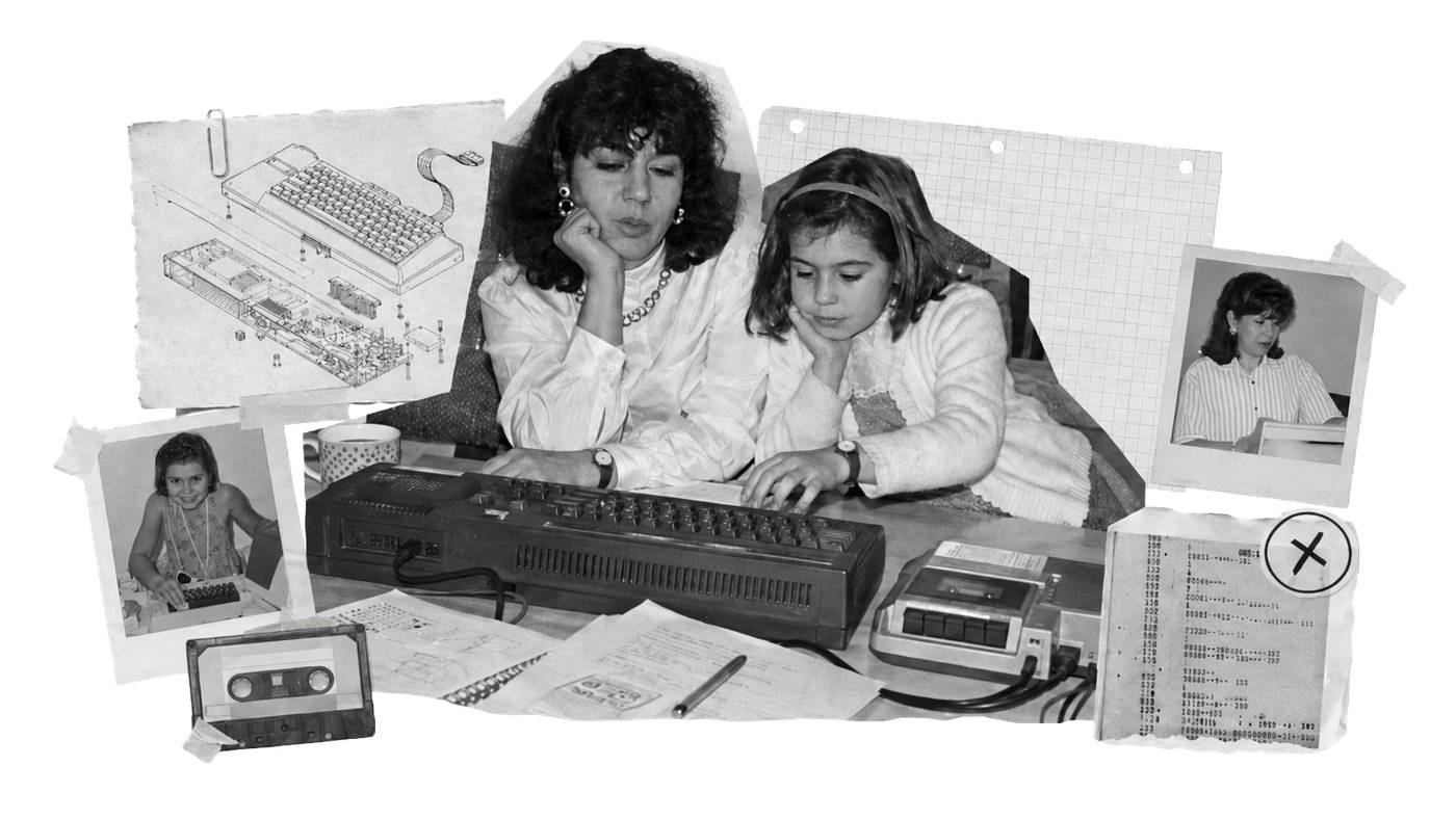 Black and white composition with an Amstrad CPC on a domestic table, a technical diagram and fragments of code.