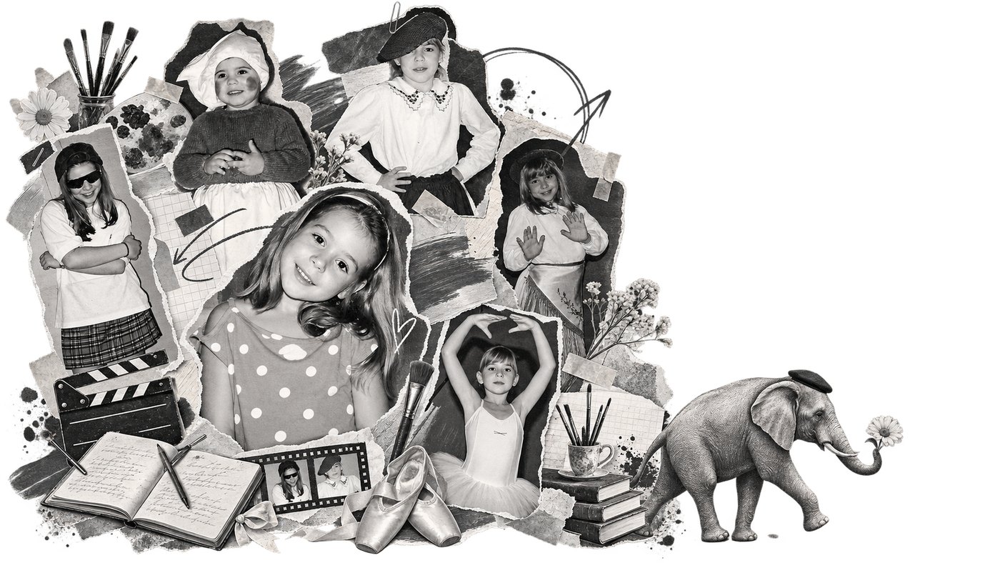Black and white collage of cuttings with ballet shoes, brushes, notebooks and the silhouette of an elephant from an old illustration.
