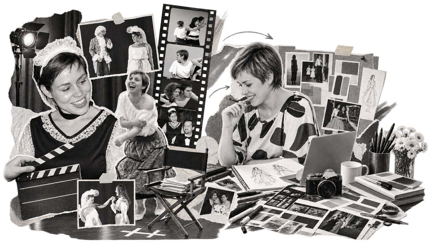 Black and white montage with a clapperboard and camera frame on one side, and a design desk revealing itself on the other.