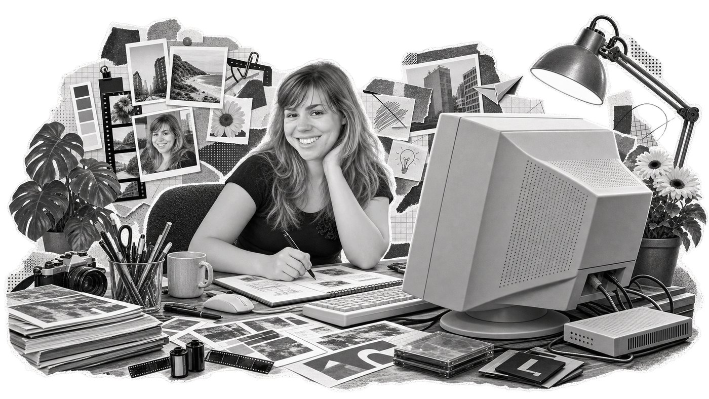 Black and white documentary scene with a large CRT monitor, an old modem, design magazines and sketches on a desk.