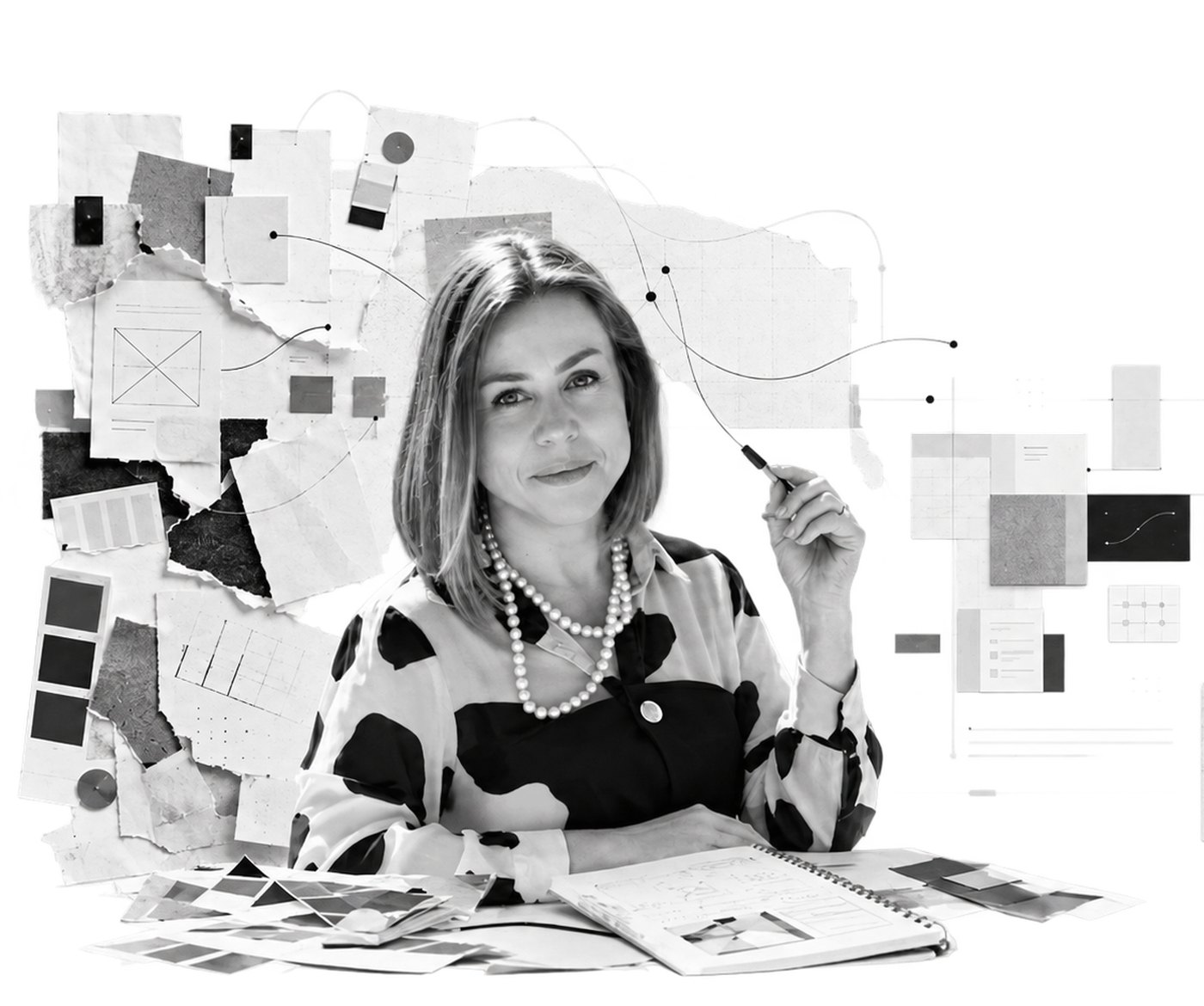 Monochrome composition in which scattered sketches, grids and diagrams progressively align into a coherent system.