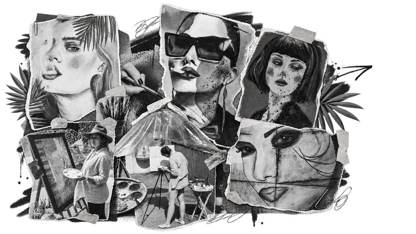 Black and white photographic collage with hands painting, pigments, a portable fresco, wood and restoration tools.