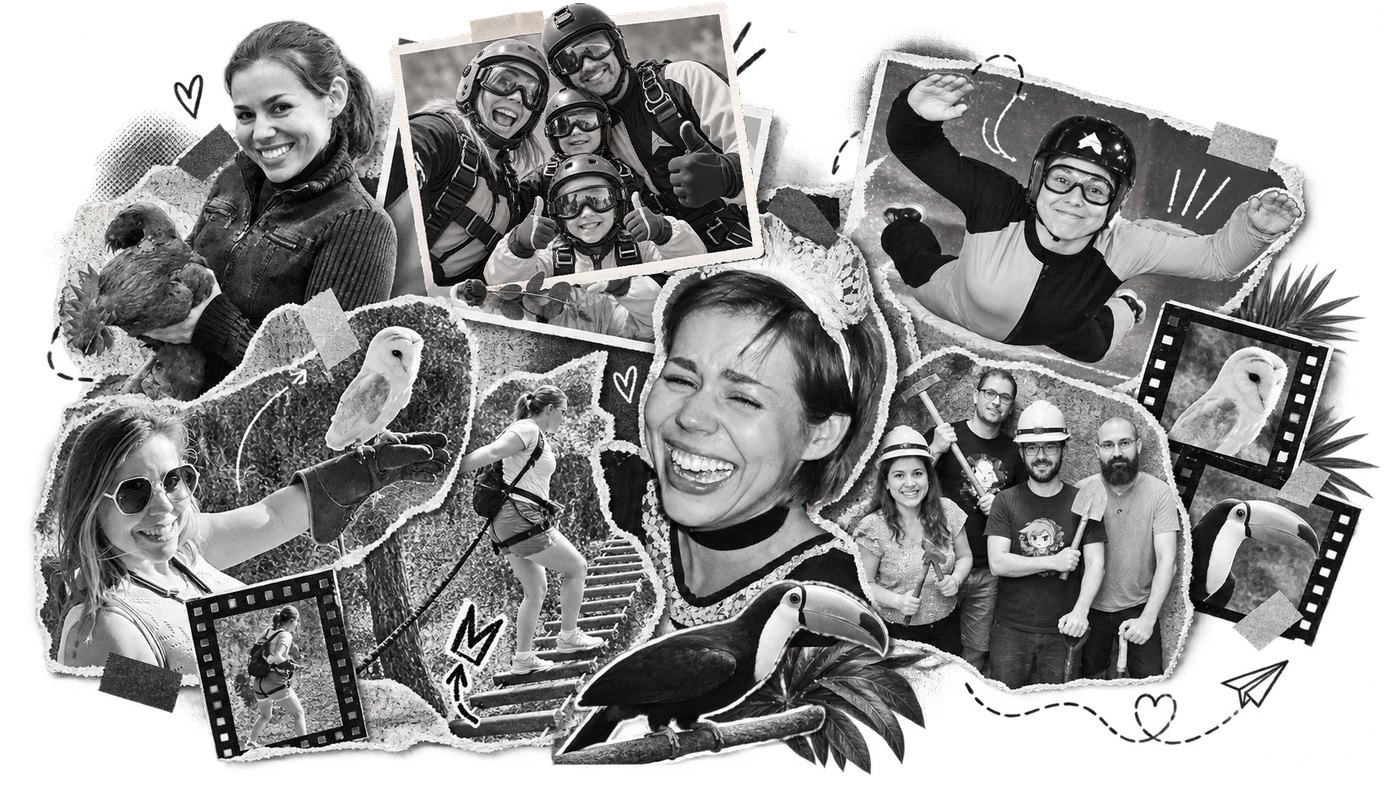 Black and white contact sheet with memories of adventures: skydiving, bungee jumping, animals and spontaneous moments.